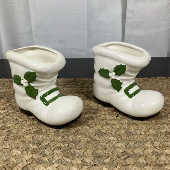 2 Vintage Santa Boot Ceramic White w/Holly Trim Green‎ Buckle 5” Long X 4” Tall - Picture 1 of 6